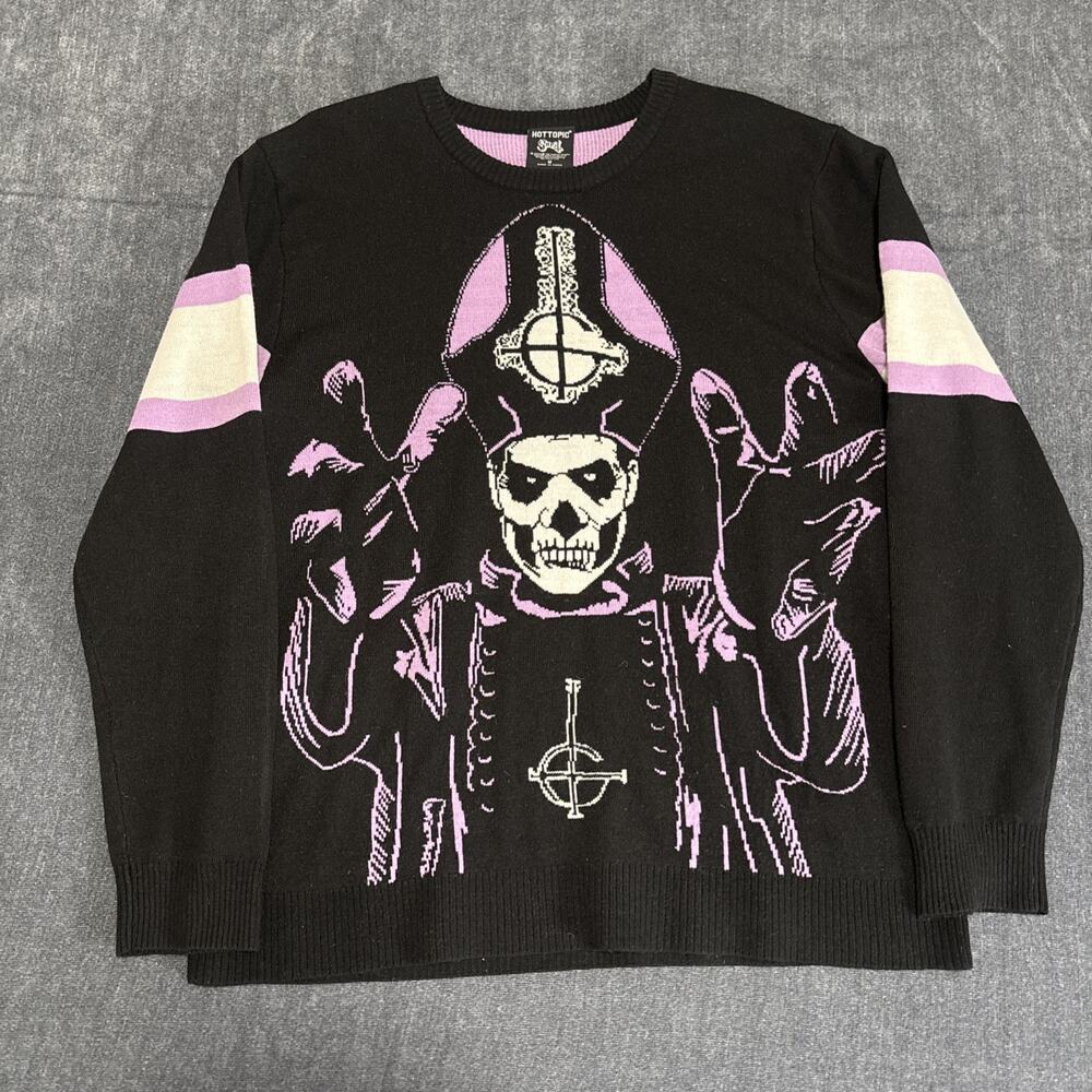 Hot Topic Ghost Band Mens Medium Black Graphic Knit Sweater Goth Emo Rock